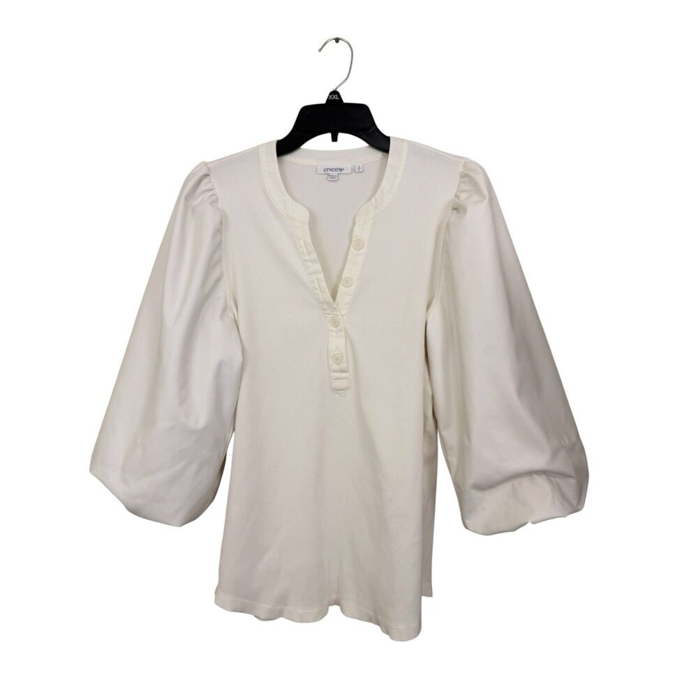 Chicos Faux Leather Sleeve Henley Ribbed Top Ivory Womens Size 2 Large